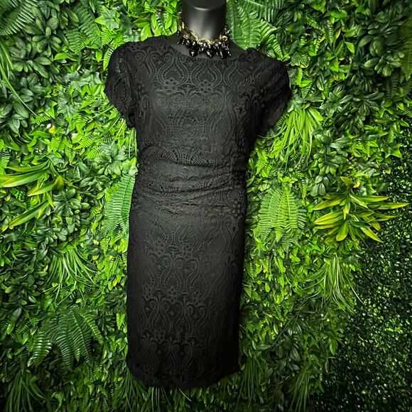 Women Dress Medium Black Short Sleeve Sheath Lace all Over Lined Nina Piu 0557 - Picture 4 of 9